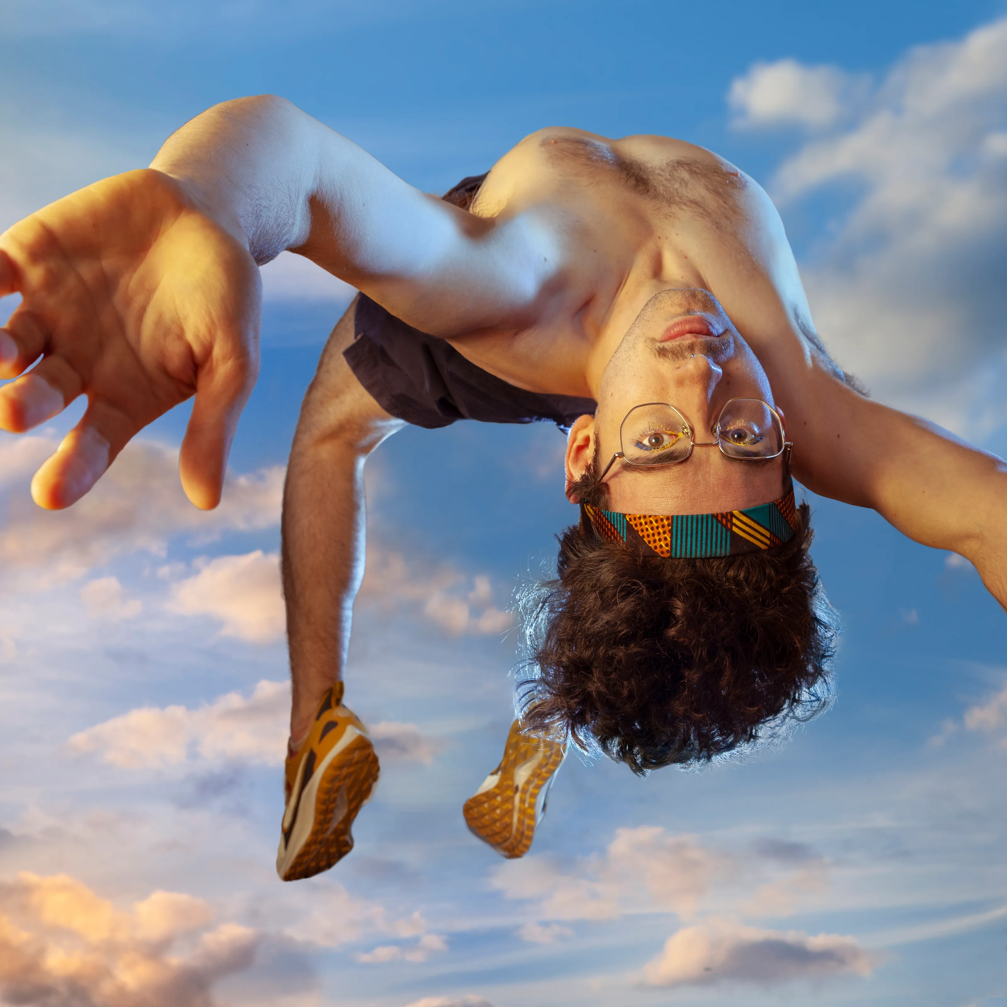 Composite portrait against a sky concept, shot for an editorial cover