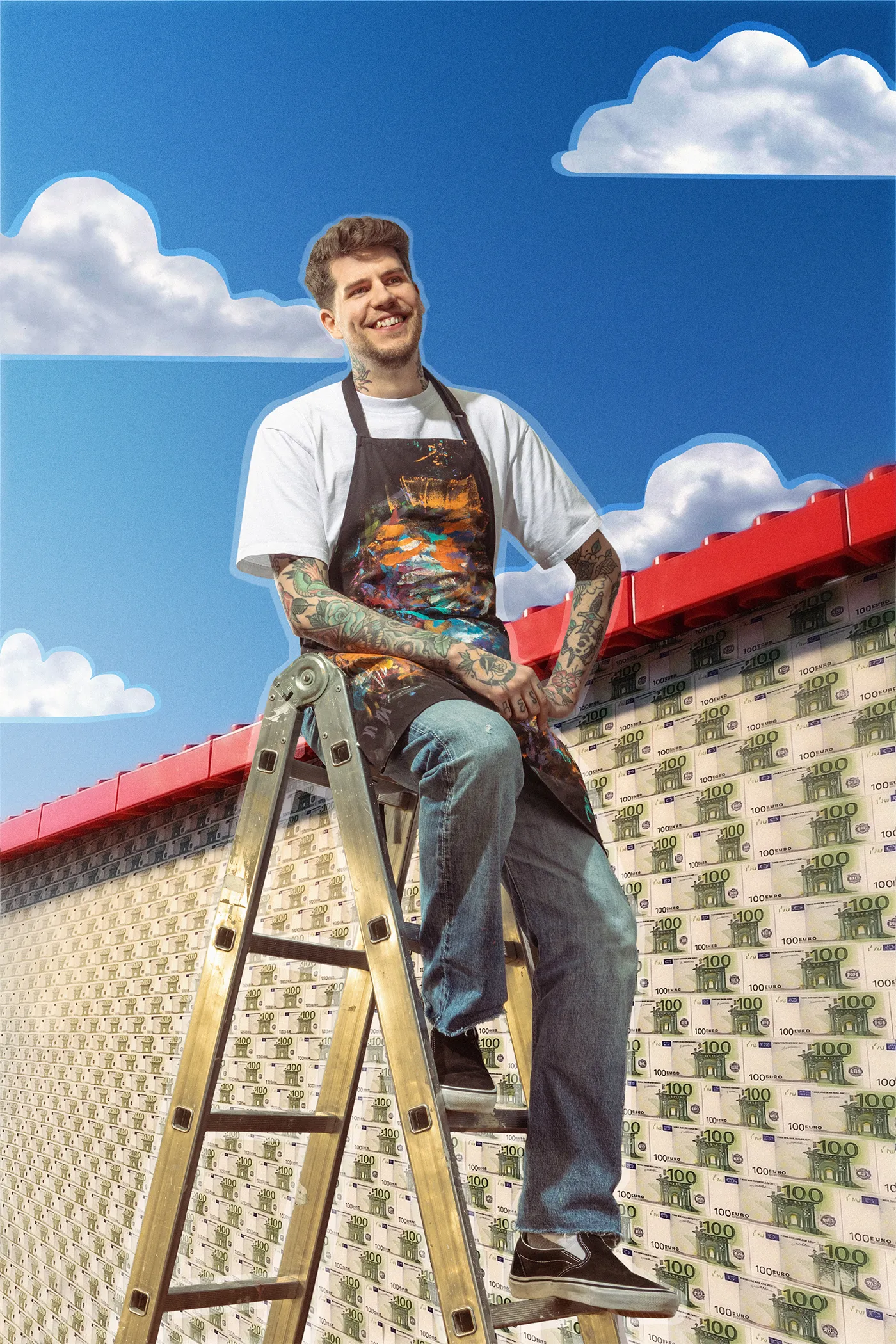 Tattooed chef in a paint splattered apron sitting on a step ladder against a wall of hundred euro notes
