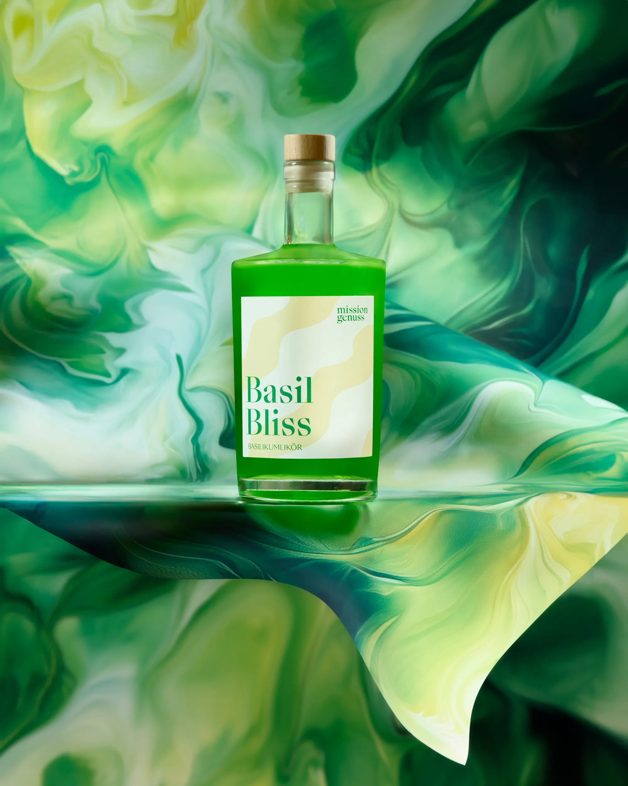 Mission Genuss basil liqueur, art directed with AI enhancement