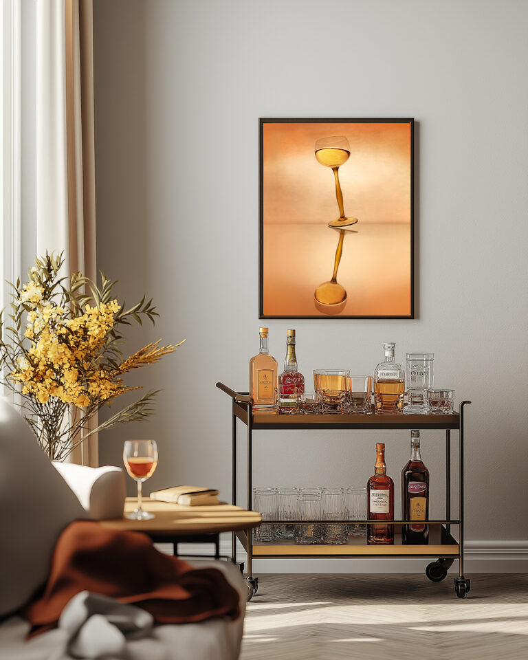 Modern bar area with bottles and framed fine art print of a green cocktail, wall art by Düsseldorf creative studio