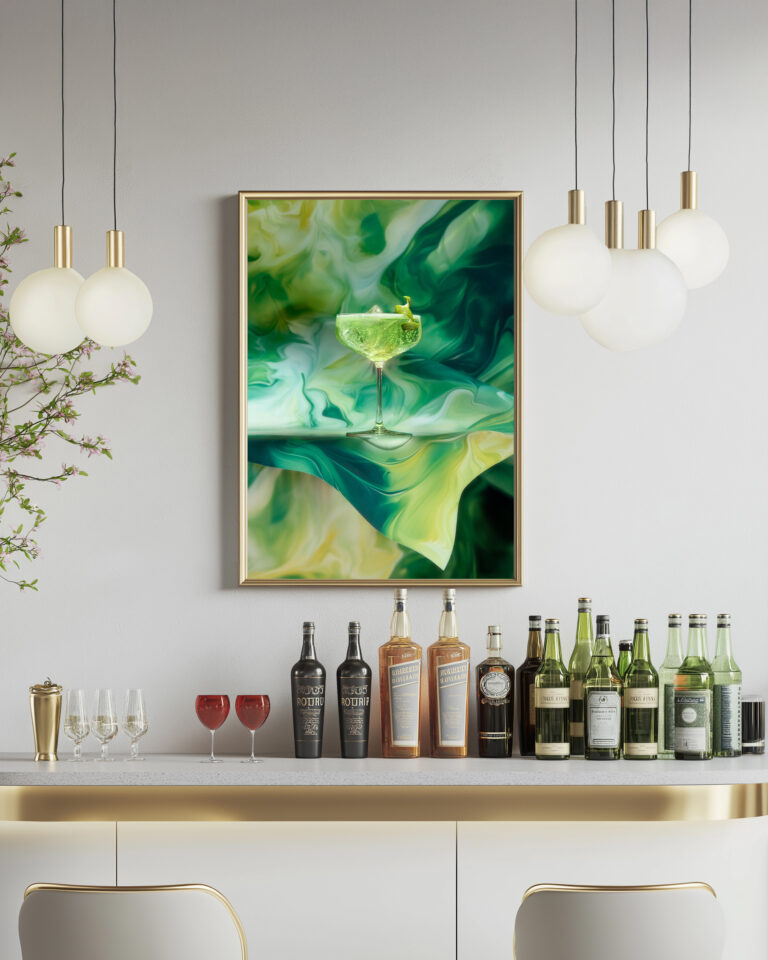 Modern bar area with bottles and framed fine art print of a green cocktail, wall art by Düsseldorf creative studio