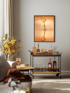 A Fine art print hangs on the wall of a stylish apartment