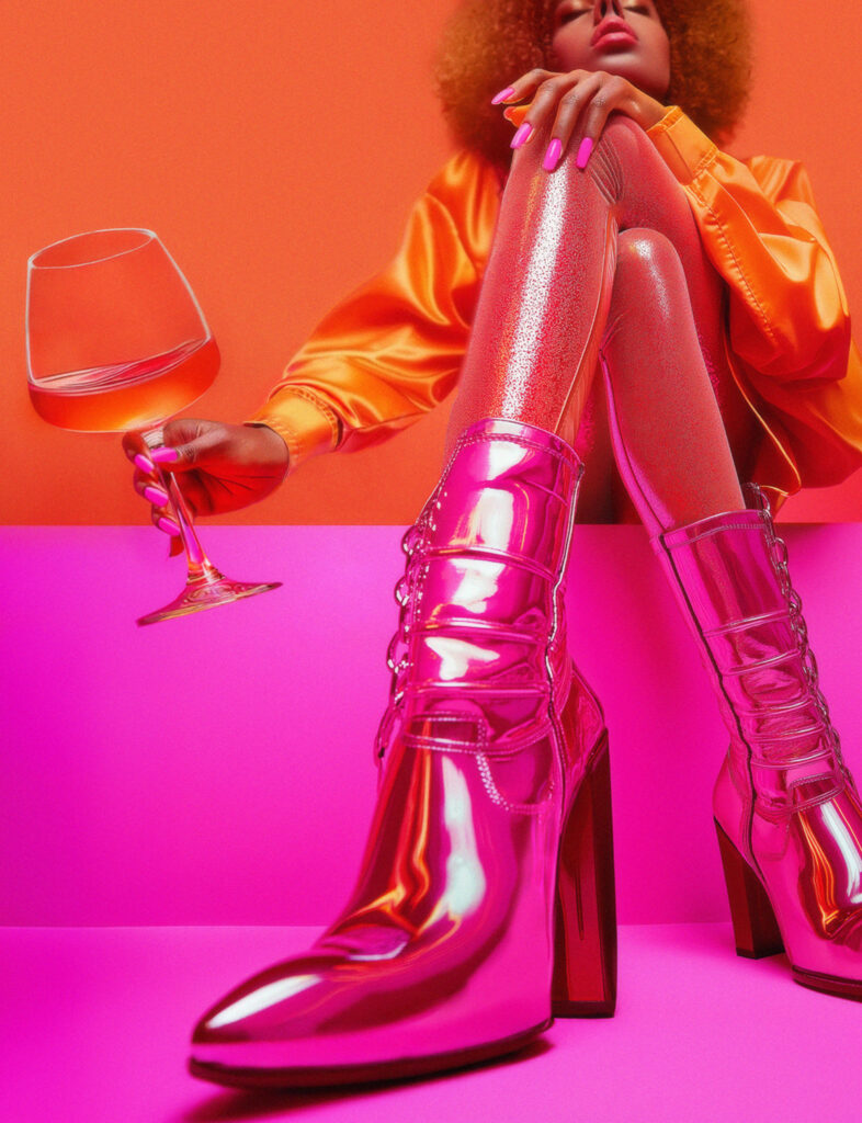 Stylized image of legs in pink boots holding a wine glass, creative wine art for fine art prints